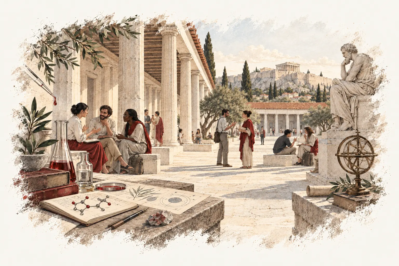 An imagined Greek agora where researchers gather among stone colonnades, scientific instruments, and research notes.